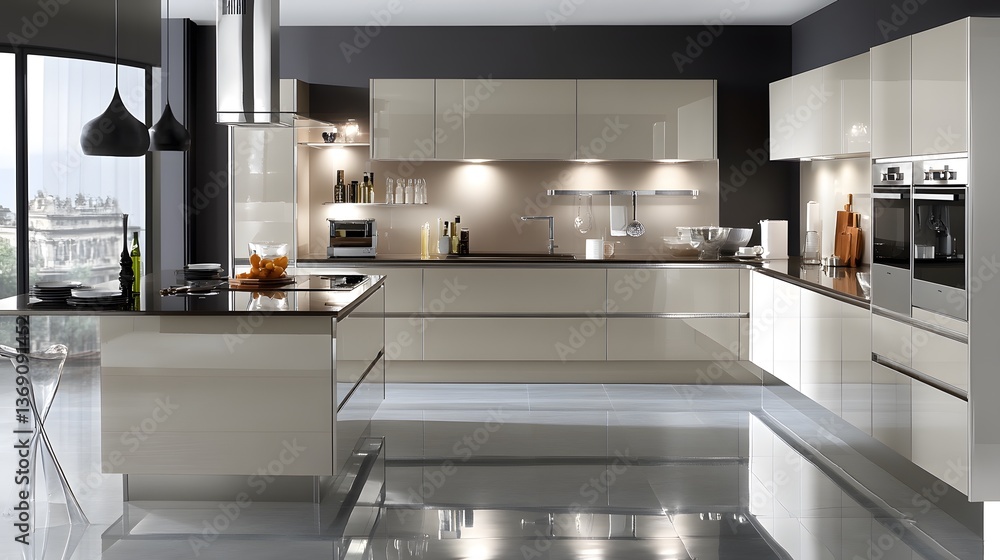 Sleek and neutral kitchen with glossy surfaces, an elegant lighting concept, and a refined modern aesthetic. Sleek and neutral kitchen with glossy surfaces, an elegant lighting concept, and a refined modern aesthetic.