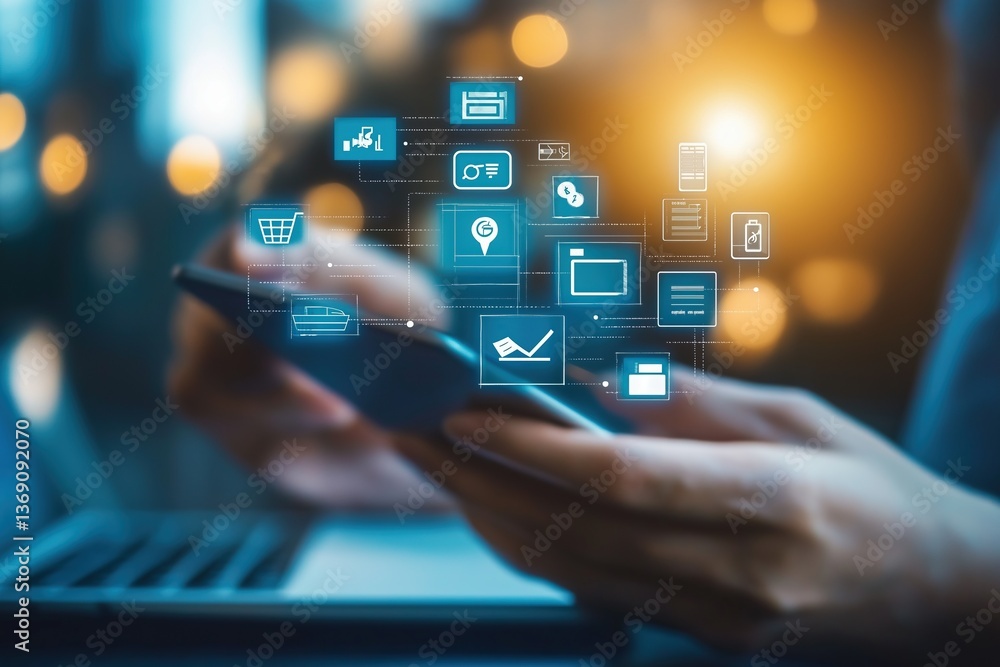 A person uses a smartphone with digital banking icons floating in a futuristic financial interface A person uses a smartphone with digital banking icons floating in a futuristic financial interface