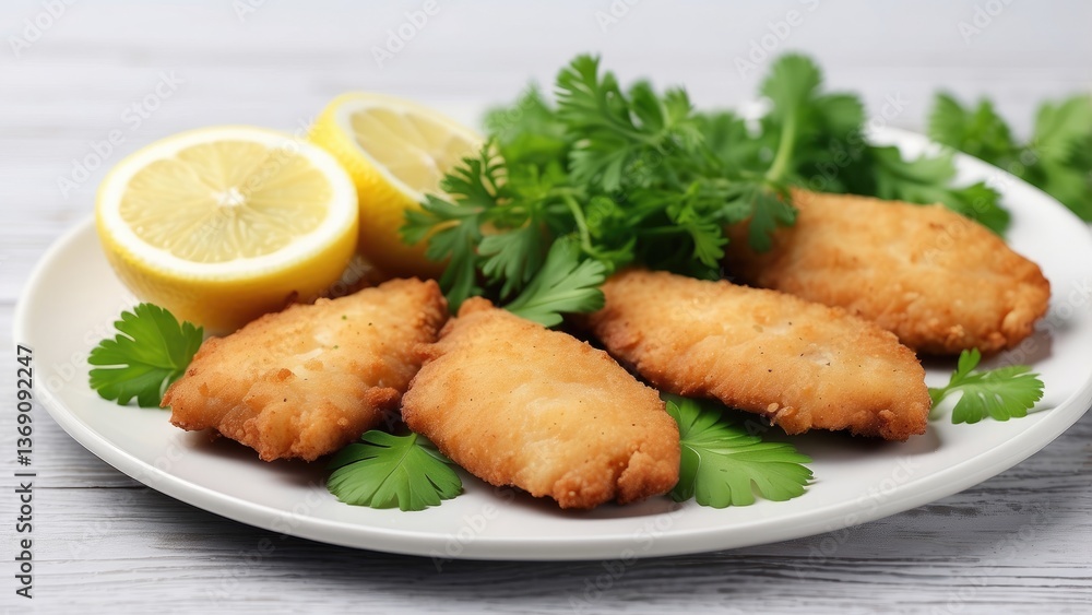 A plate of crispy, golden-brown breaded chicken cutlets garnished with fresh parsley and served with lemon slices. A plate of crispy, golden-brown breaded chicken cutlets garnished with fresh parsley and served with lemon slices.