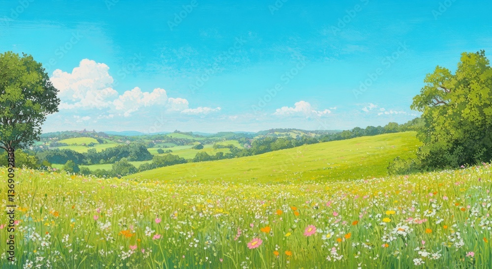 Obraz premium Beautiful rolling green hills and colorful flowers under blue sky