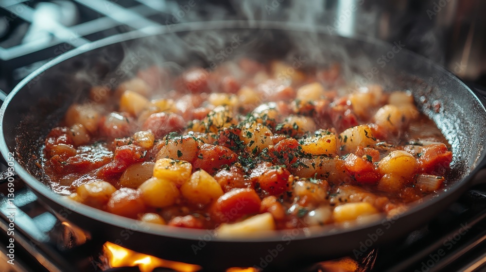 Stew in a pan. Boiling potatoes and tomatos are seen cooking Stew in a pan. Boiling potatoes and tomatos are seen cooking