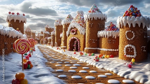 Enchanted Gingerbread Village with Candy and Snow Path