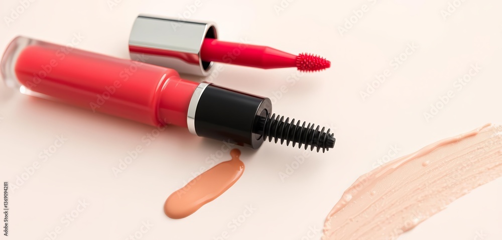 Close-up of lip gloss, two mascara wands, and foundation swatch on neutral background, essentials, face makeup Close-up of lip gloss, two mascara wands, and foundation swatch on neutral background, essentials, face makeup