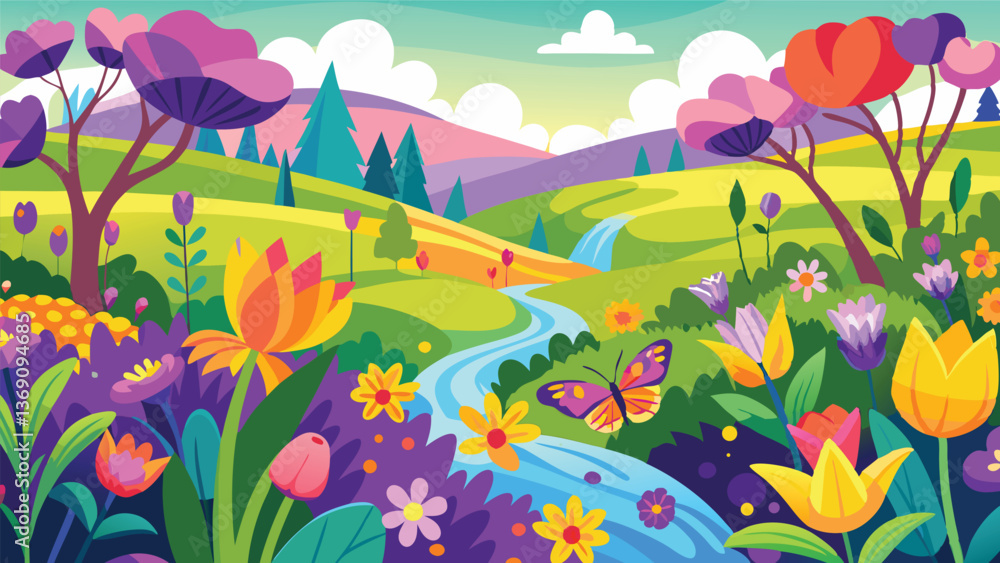 Vibrant Spring Landscape with Colorful Flowers and Stream Serene Nature Scene Vibrant Spring Landscape with Colorful Flowers and Stream Serene Nature Scene