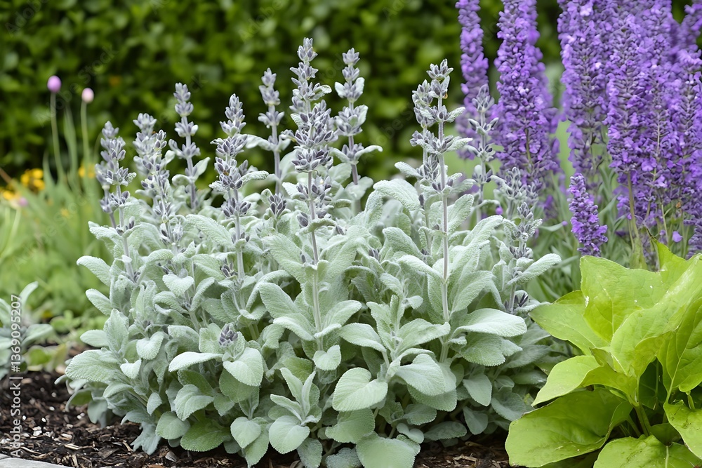 Lambs Ear Plant with Green Leaves and Emerging Purple Blooms in a Garden Setting