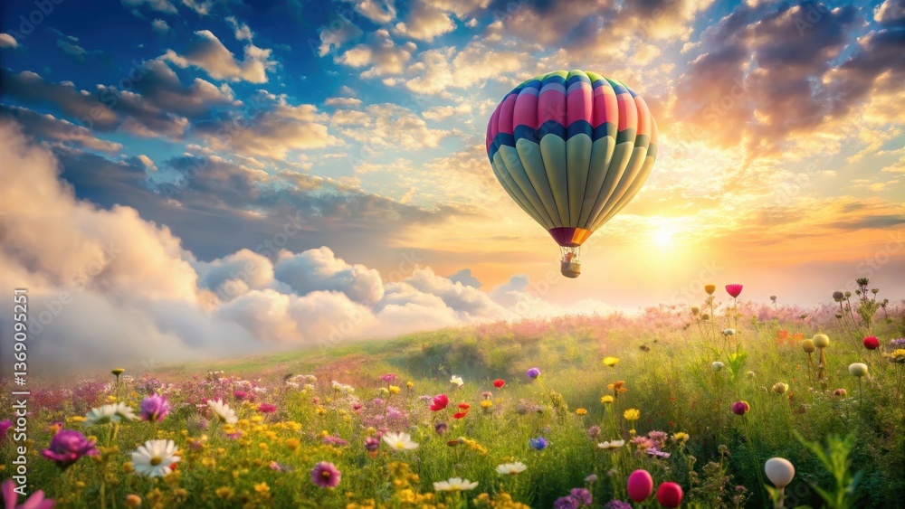 Fototapeta premium Serene Hot Air Balloon Ascending Above a Vibrant Wildflower Meadow at Sunrise