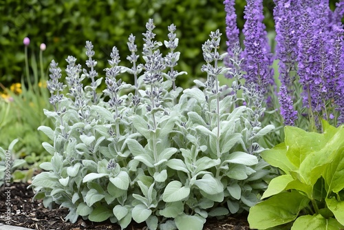 Obraz na płótnie Lambs Ear Plant with Green Leaves and Emerging Purple Blooms in a Garden Setting w salonie