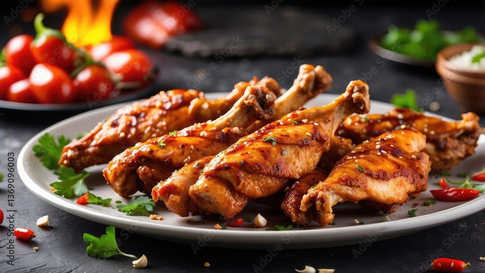 A black plate piled with char-grilled chicken drumsticks, A black plate piled with char-grilled chicken drumsticks,