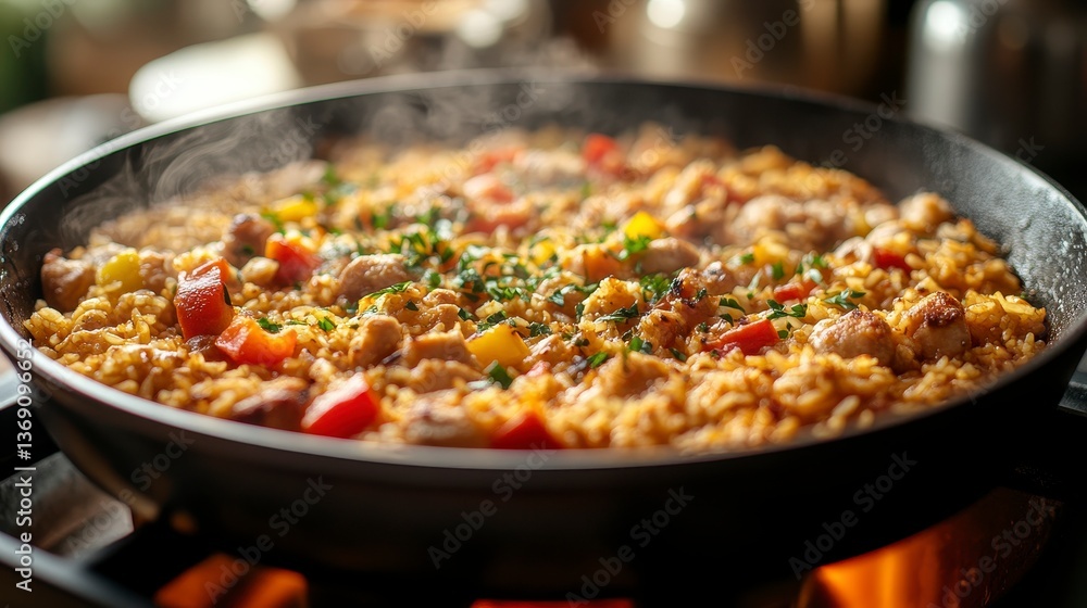 Steaming pan of paella with chicken, peppers, and herbs on stove Steaming pan of paella with chicken, peppers, and herbs on stove