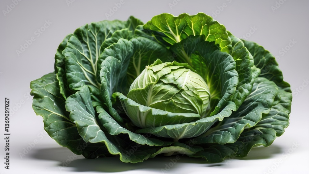 Obraz premium A top-down view of a green cabbage, displaying its tightly layered leaves.