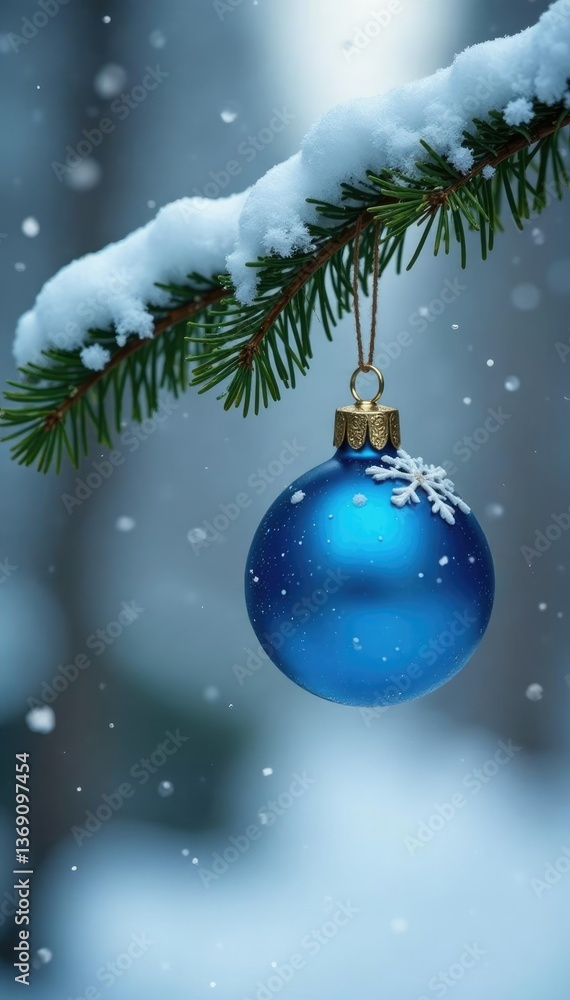 A blue glass ornament hangs from a branch suspended in the snowy air, greenery, winter A blue glass ornament hangs from a branch suspended in the snowy air, greenery, winter