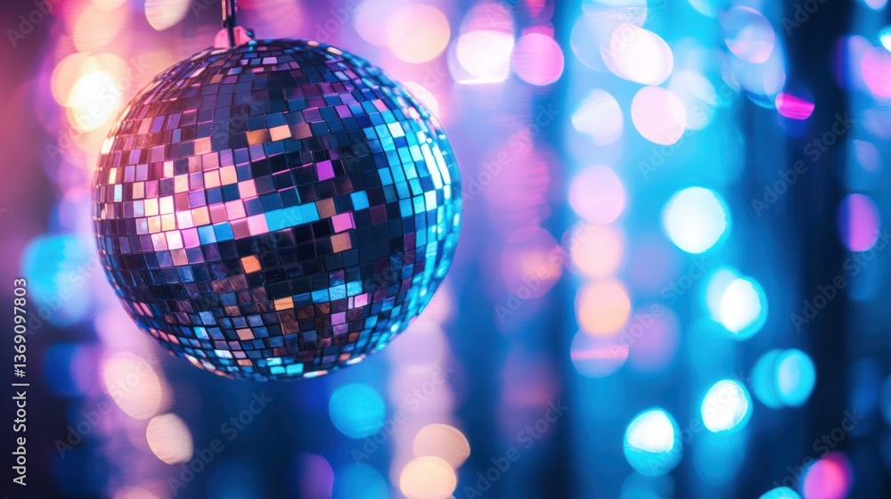 A disco ball sparkles against blurred colorful lights in the background. A disco ball sparkles against blurred colorful lights in the background.