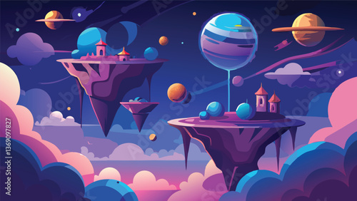 Fantasy Floating Islands Landscape Surreal Space Scene with Colorful Planets and Castles