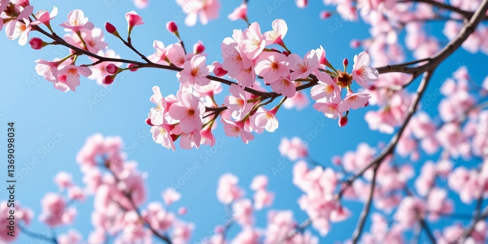 Delicate pink cherry blossoms against a vibrant blue spring sky, blue sky, floral Delicate pink cherry blossoms against a vibrant blue spring sky, blue sky, floral