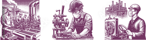 Set of Industrial-Era Factory Workers with Masks Operating Heavy Machinery – Detailed Engraving Design factory, men at work, workers, mask, safety, construction, labor, protective gear, industrial