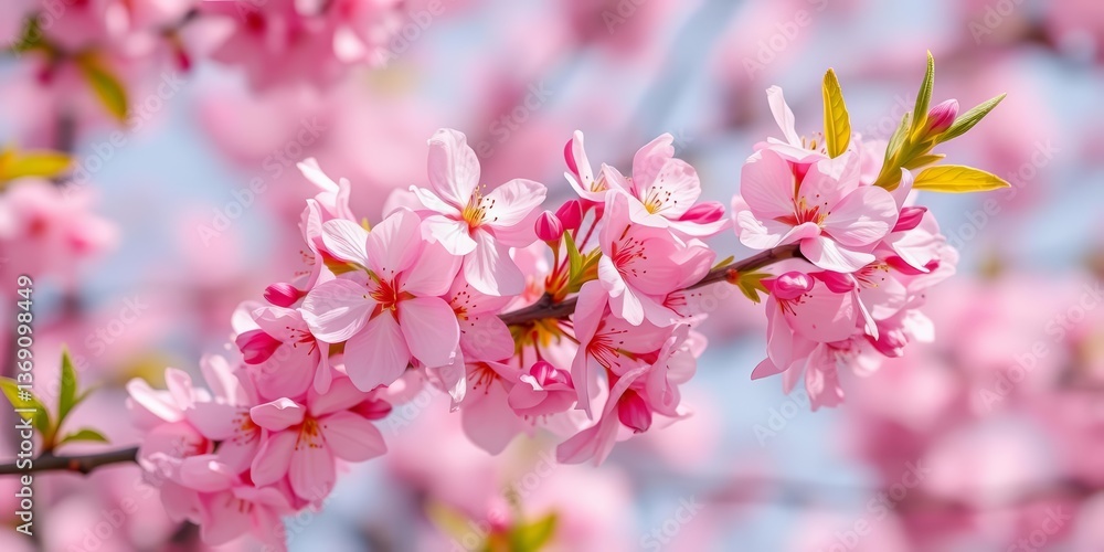 Obraz premium Delicate pink cherry blossoms in full bloom on a spring branch, beautiful, sunlight