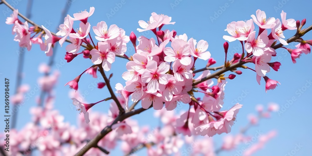 Delicate pink cherry blossoms in full bloom on a tree branch against a clear sky, flora, cherry flower Delicate pink cherry blossoms in full bloom on a tree branch against a clear sky, flora, cherry flower