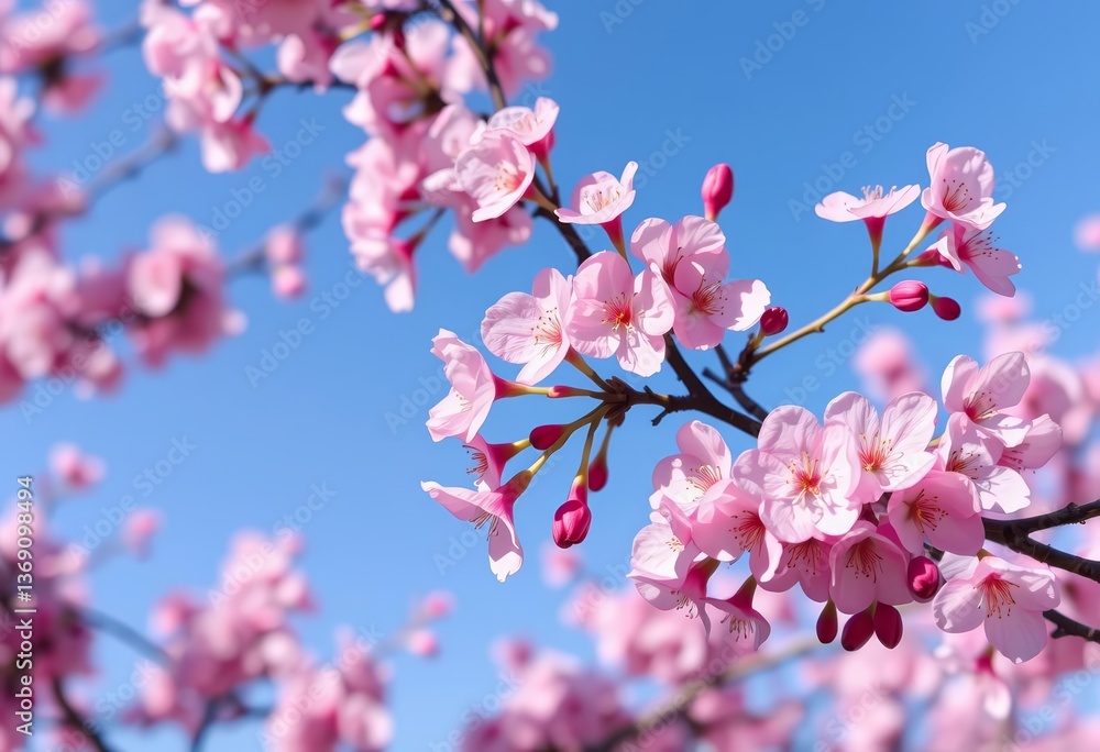 Delicate pink cherry blossoms in full bloom on a tree branch against a clear sky, photo, plant Delicate pink cherry blossoms in full bloom on a tree branch against a clear sky, photo, plant