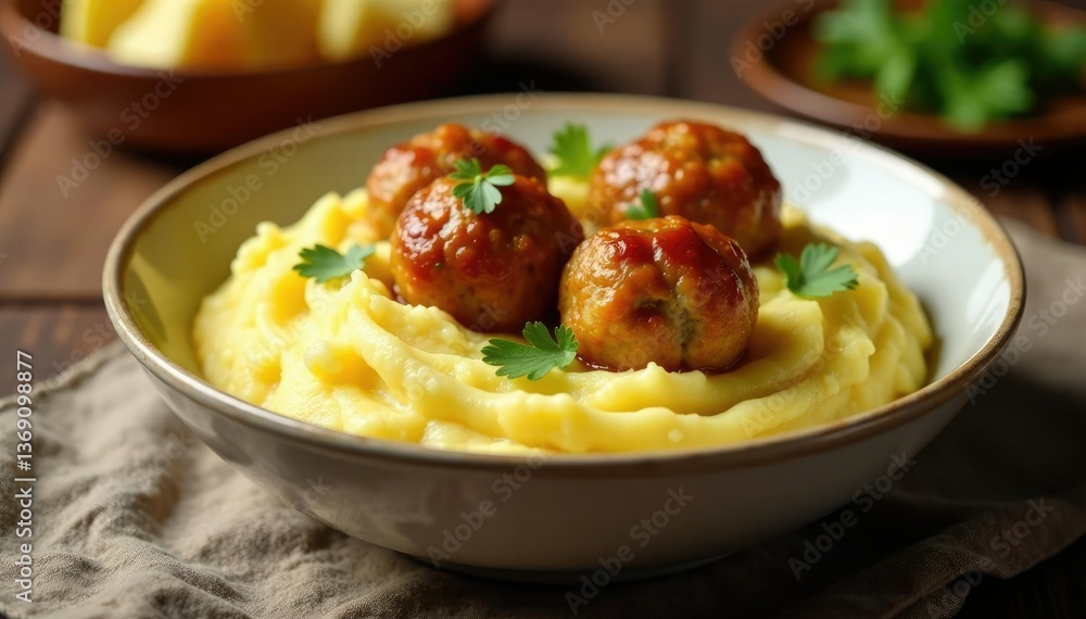 A bowl of creamy mashed potatoes topped with a few large meatballs, comforting side dish, creamy sauce, homey A bowl of creamy mashed potatoes topped with a few large meatballs, comforting side dish, creamy sauce, homey