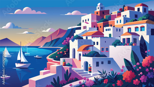 Picturesque Coastal Town at Sunset Sailboats and Mediterranean Architecture