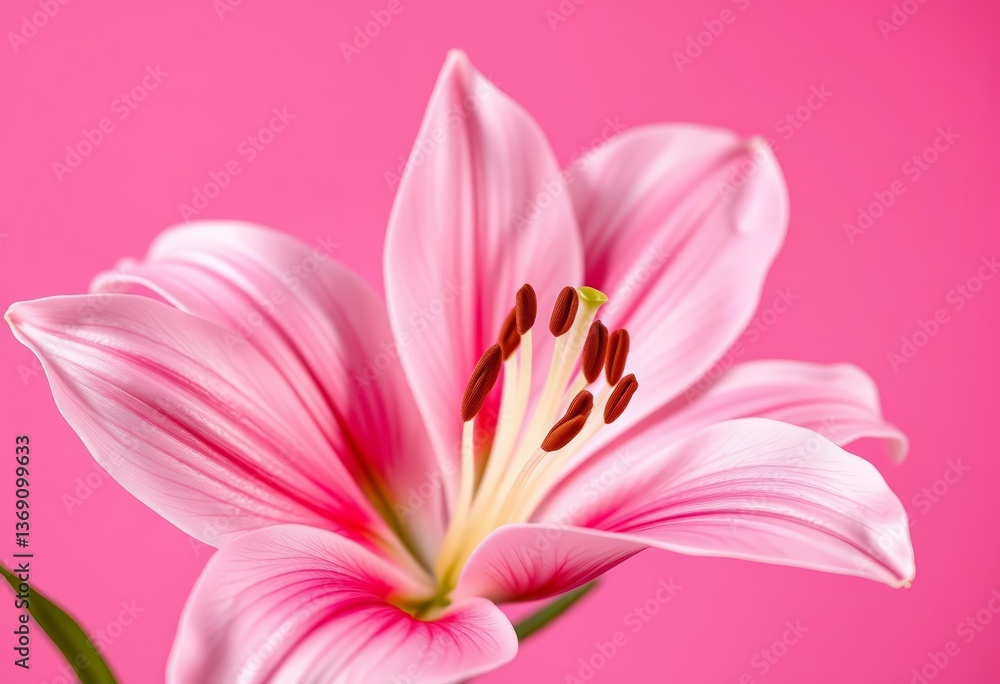Fototapeta premium Delicate pink lily blossom close-up against a soft pink backdrop, ample copy space, elegant, delicate