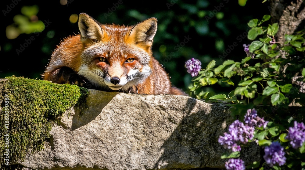 Red fox resting on a stone wall Red fox resting on a stone wall