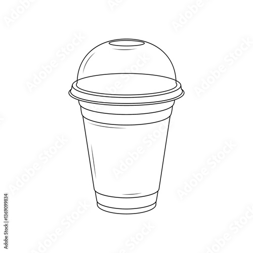 Black and white line drawing of a takeaway coffee cup with a dome lid. Ideal for menus, cafe branding, stickers, coloring pages, and coffee-related designs.