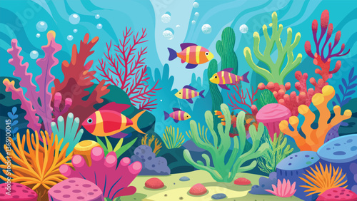Vibrant Underwater Scene Colorful Reef Fish Coral Ocean Life Illustration