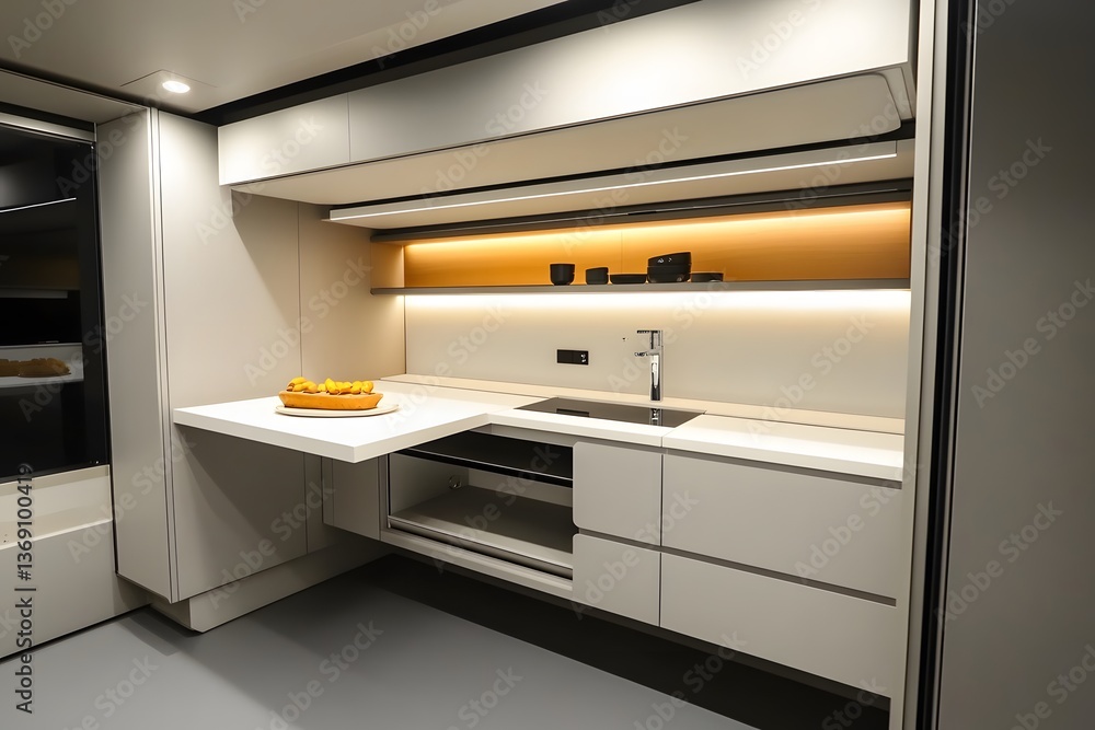 Fototapeta premium Ultra-minimalist kitchen with sleek built-in storage, a floating breakfast counter, and matte white cabinetry.
