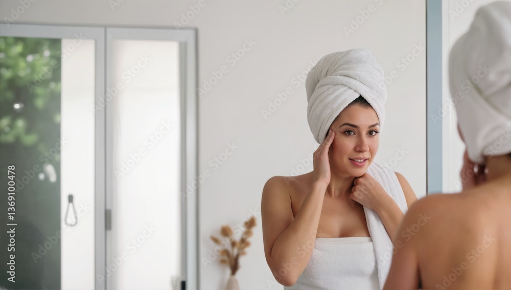 Woman in Bathrobe Reflecting in Mirror Woman in Bathrobe Reflecting in Mirror