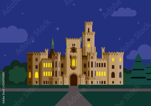 zámek Hluboká v noci, jižní Čechy, Česká republika