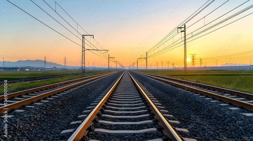 Railway Tracks Stretching Towards Sunset Horizon Across Green Field with Power Lines And Poles Railway Tracks Stretching Towards Sunset Horizon Across Green Field with Power Lines And Poles