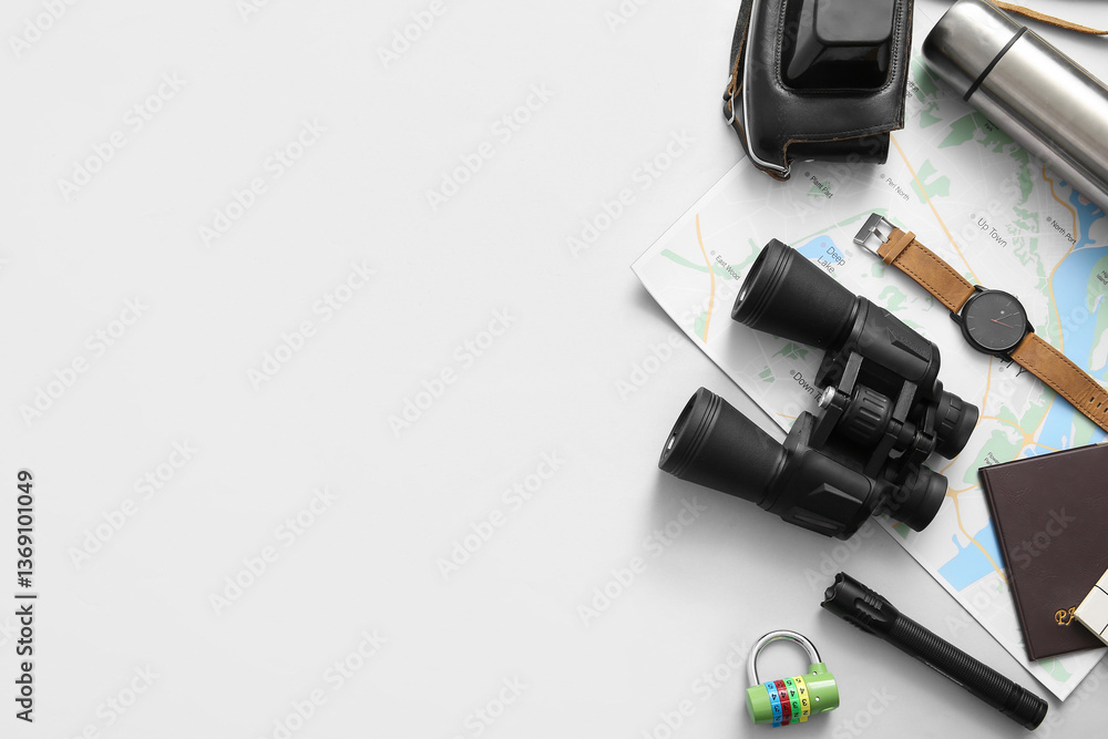 Fototapeta premium Binoculars and travel items on white background