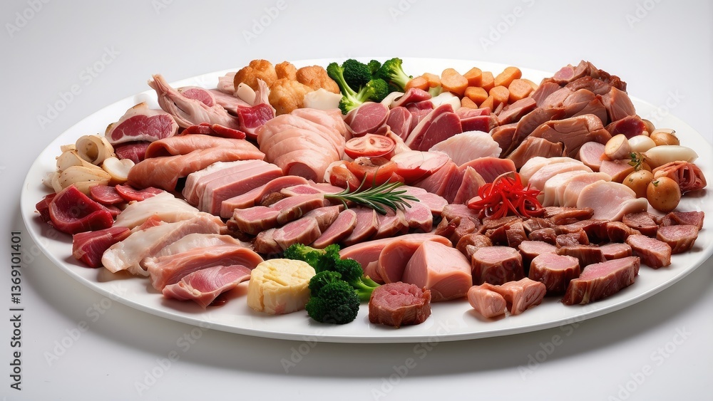A variety of raw meats displayed on a white platter, including chicken parts such as drumsticks and thighs, A variety of raw meats displayed on a white platter, including chicken parts such as drumsticks and thighs,