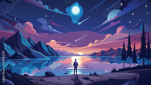 Serene Sunset Landscape Man Silhouetted Against Vibrant Sky and Mountains