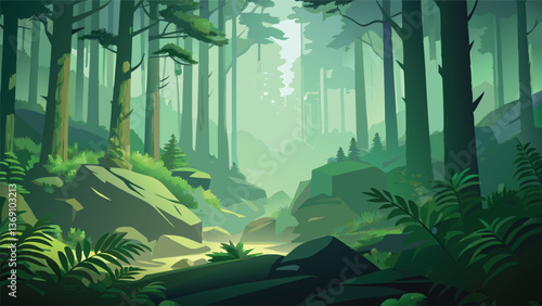 Serene Green Forest Landscape Illustration Lush Nature Scene Tranquil Woods Background