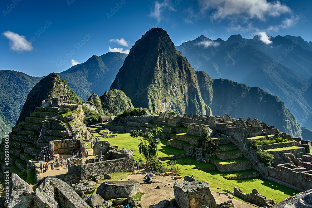 Obraz premium Perched high in the Andes, Machu Picchu stands as a testament to the brilliance of the Inca civilization. Surrounded by misty peaks and lush greenery, this ancient wonder inspires awe and reverence