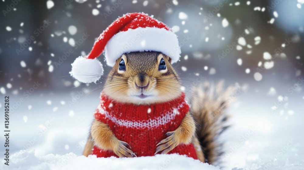 This scene features an adorable squirrel in a Christmas hat and sweater, radiating joy and festive spirit in a snowy setting that captures the essence of winter celebrations. This scene features an adorable squirrel in a Christmas hat and sweater, radiating joy and festive spirit in a snowy setting that captures the essence of winter celebrations.