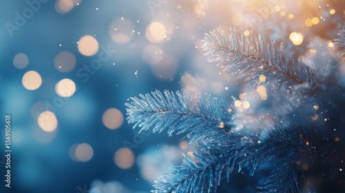 Wallpaper Mural Beautiful frosty pine branches create an enchanting atmosphere, enhanced by bright bokeh lights that capture the essence of winter and the magic of the holiday season. Torontodigital.ca