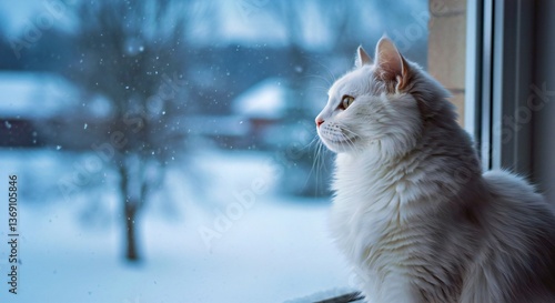 A Turkish Angora Cat Gazing Out a Window at a Snowy Landscape, Its Long, White Fur Blending Seamlessly With the Winter Scene_