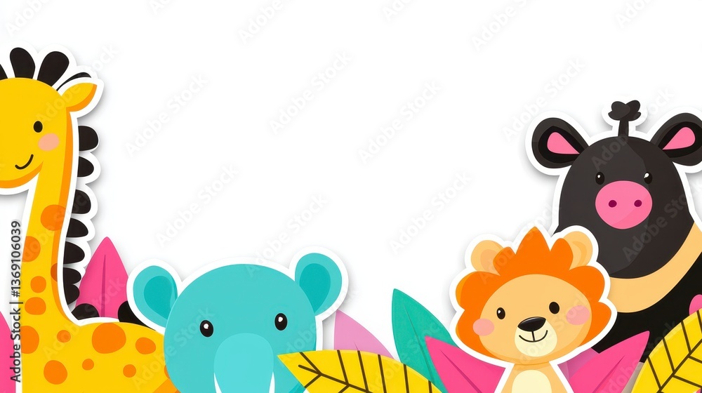 Naklejka premium Cute Cartoon Animals with Tropical Leaves on White Background