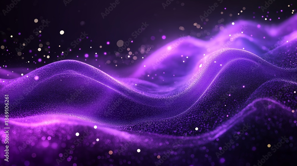 Fototapeta premium A cosmic sea of shimmering purple stardust, swirling in ethereal waves across a dark night sky with subtle golden sparks.