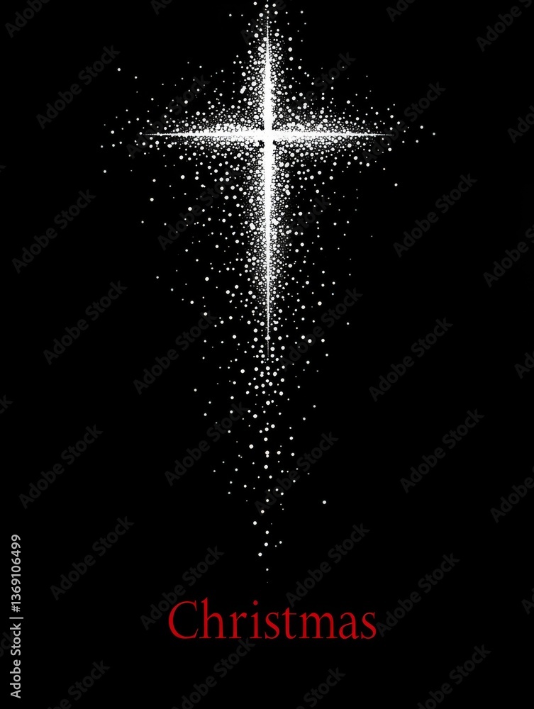 Obraz premium A beautifully crafted Christmas cross, illuminated with sparkling particles against a black background, evokes feelings of hope and celebration during the festive season.