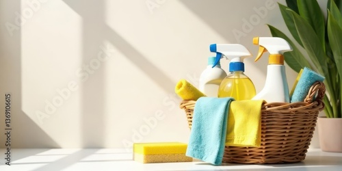 Sunlight Illuminates a Basket of Cleaning Supplies  Bright Yellow and Aqua Cleaning Cloths, Sponges, and Bottles of Cleaning Solution in a Wicker Basket Near a Windowsill
