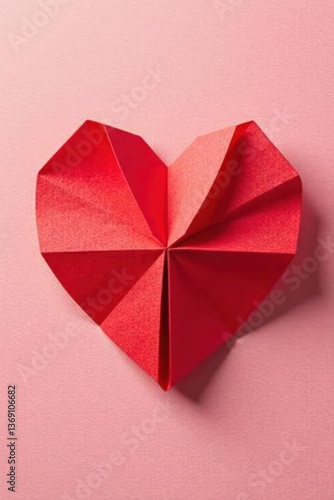 A meticulously folded crimson paper heart rests gently on a soft pink background, a symbol of affection and handcrafted artistry.