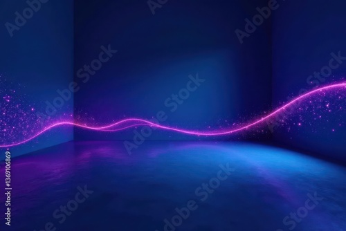 Abstract Glowing Purple Line Across Dark Blue Room, Representing Digital Energy Flow and Technological Innovation