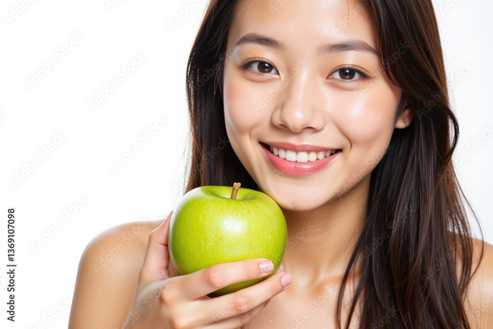 Smiling Young Asian Woman Holding a Green Apple in a Neutral Background, Radiating Freshness and Health with Natural Beauty and Vibrant Energy Smiling Young Asian Woman Holding a Green Apple in a Neutral Background, Radiating Freshness and Health with Natural Beauty and Vibrant Energy
