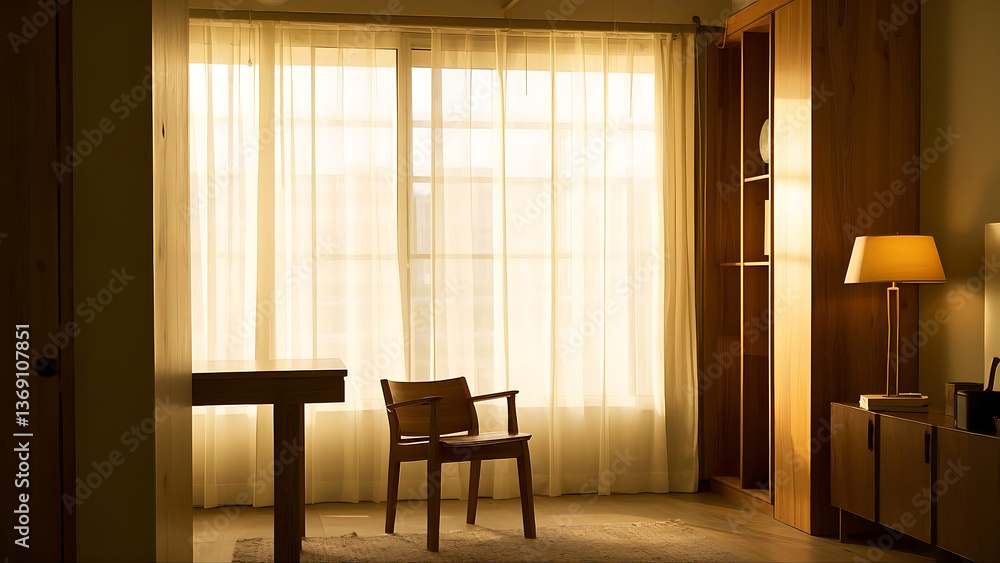 Fototapeta premium Cozy room with wooden furniture, sheer curtains, wooden chair, and warm lighting by the window.