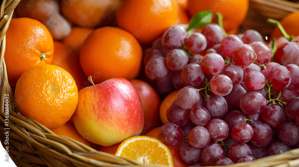 Fresh Fruit Basket Oranges Apples and Grapes in a Wicker Container Fresh Fruit Basket Oranges Apples and Grapes in a Wicker Container