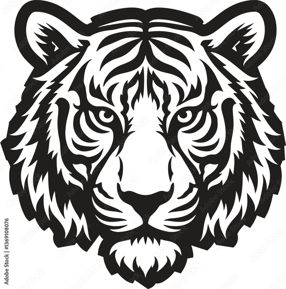 A black angry tiger face silhouette flat design vector illustration isolated on white background A black angry tiger face silhouette flat design vector illustration isolated on white background